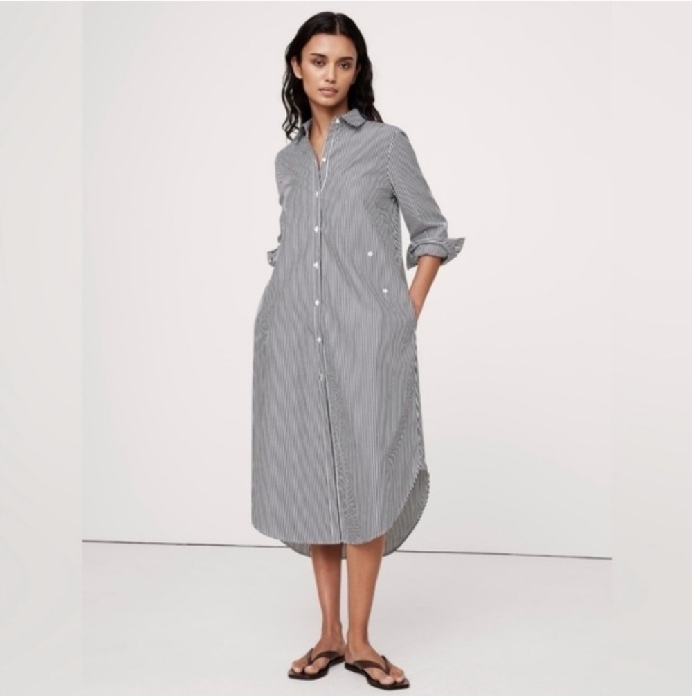 Banana Republic Cotton Poplin Asymmetrical Shirt Dress Navy Blue White Stripe